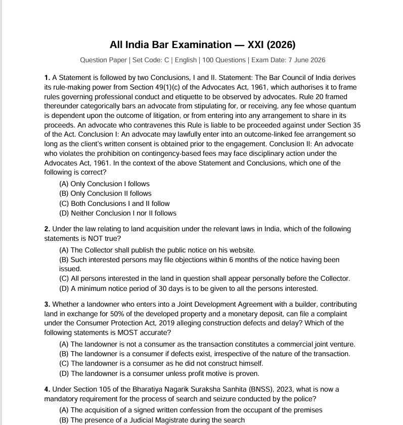 AIBE 21 (XXI) Answer Key 2026 – Unofficial Key