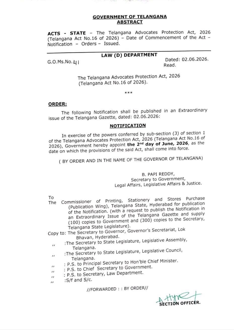 The Telangana Advocates Protection Act, 2026 Comes Into Force