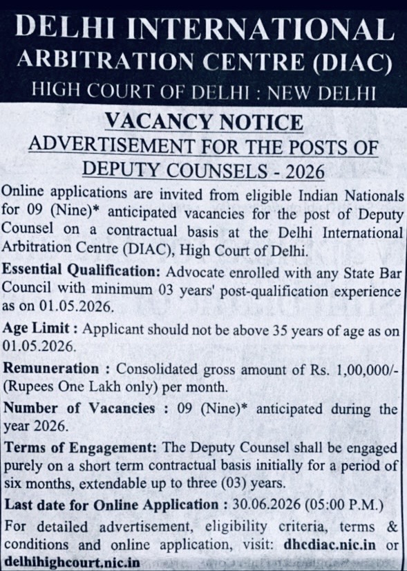 Delhi International Arbitration Centre (DIAC) is Hiring Deputy Counsels (2026)