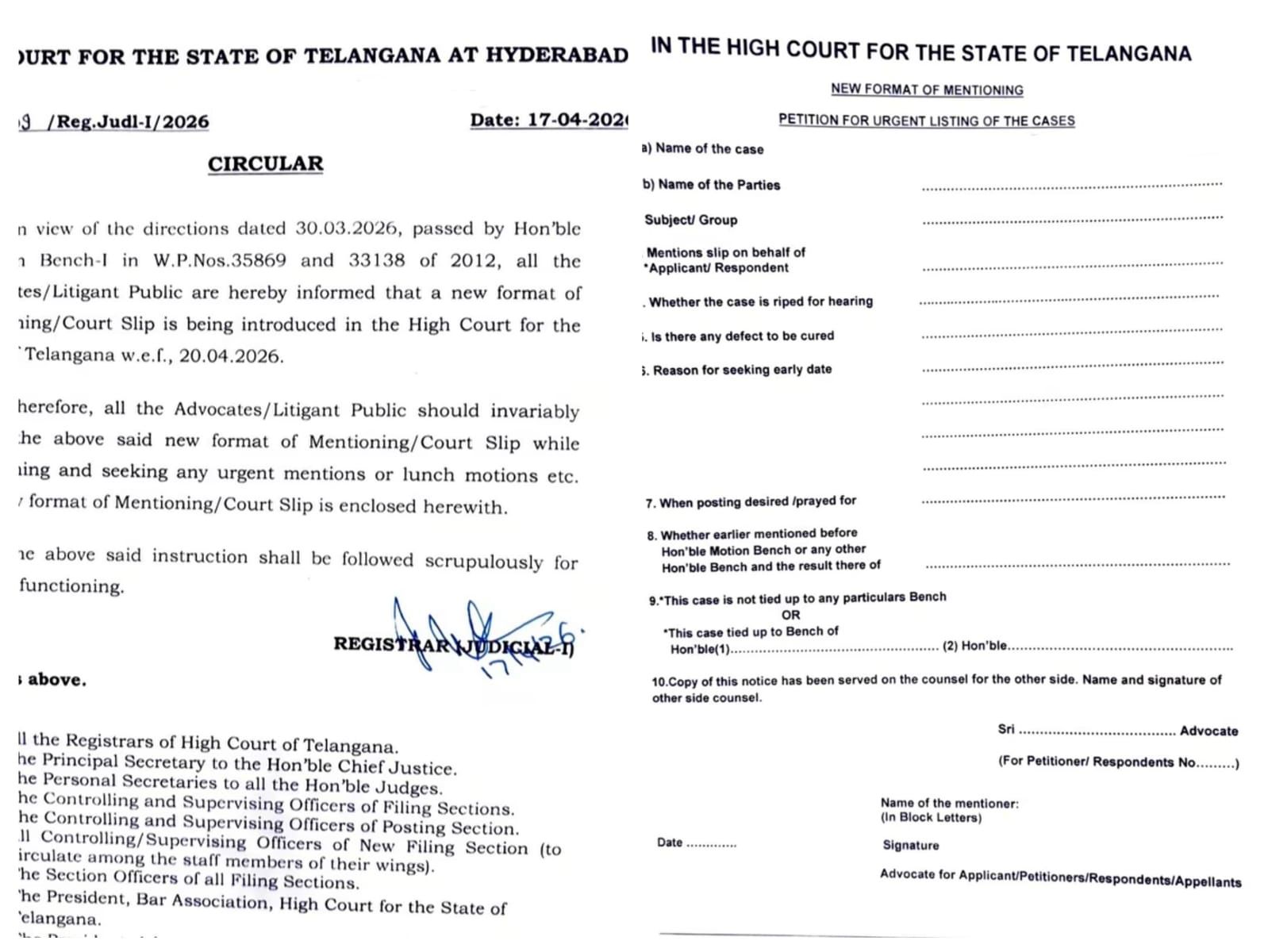 New Mandatory Format for Urgent Mentions: High Court of Telangana